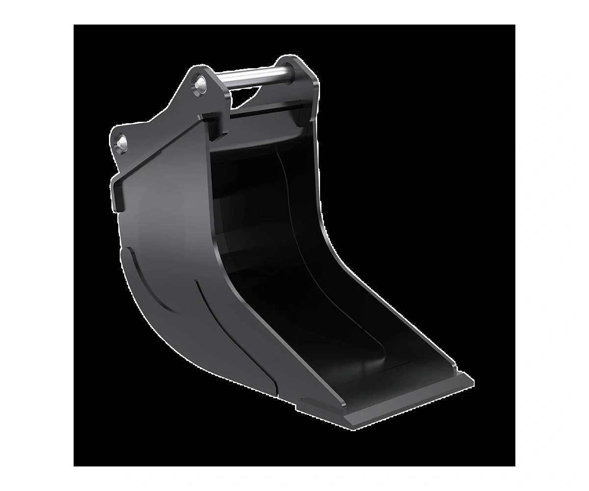 Narrow excavator cable bucket with long curved digging shell