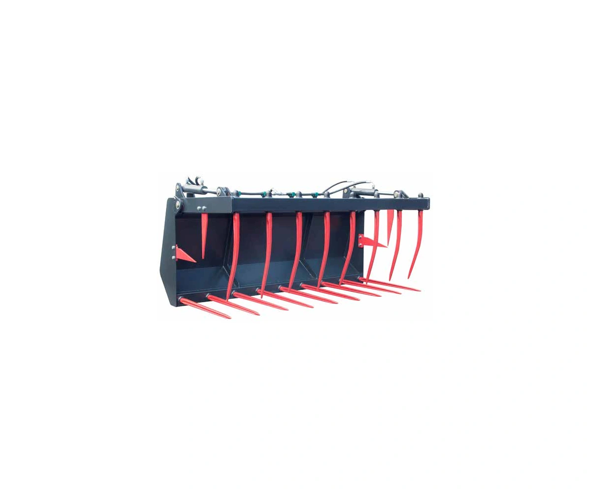 Crocodile grip with upper steel tines over a loader bucket