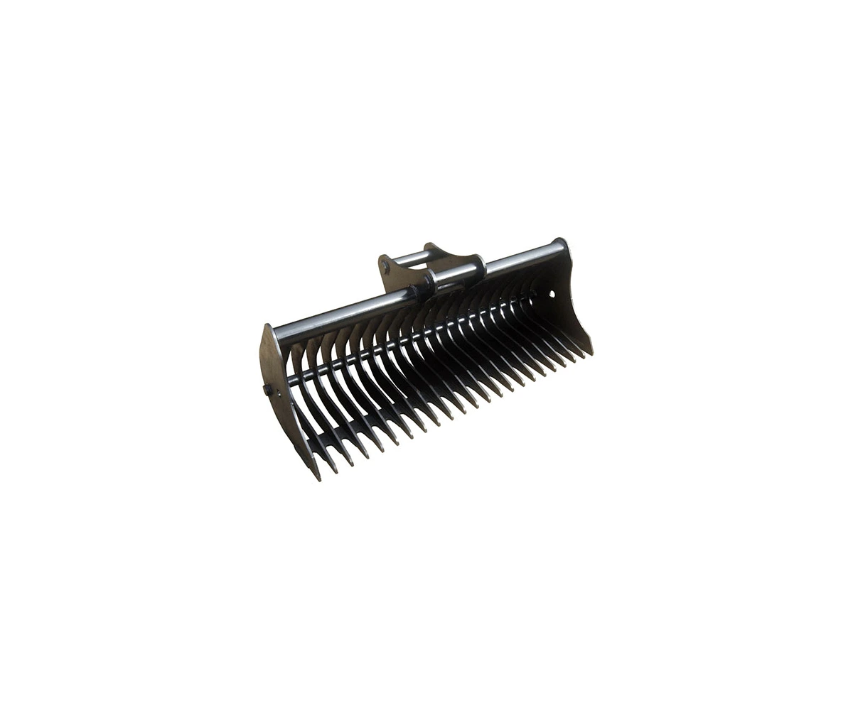 Excavator rake bucket with long separated steel tines