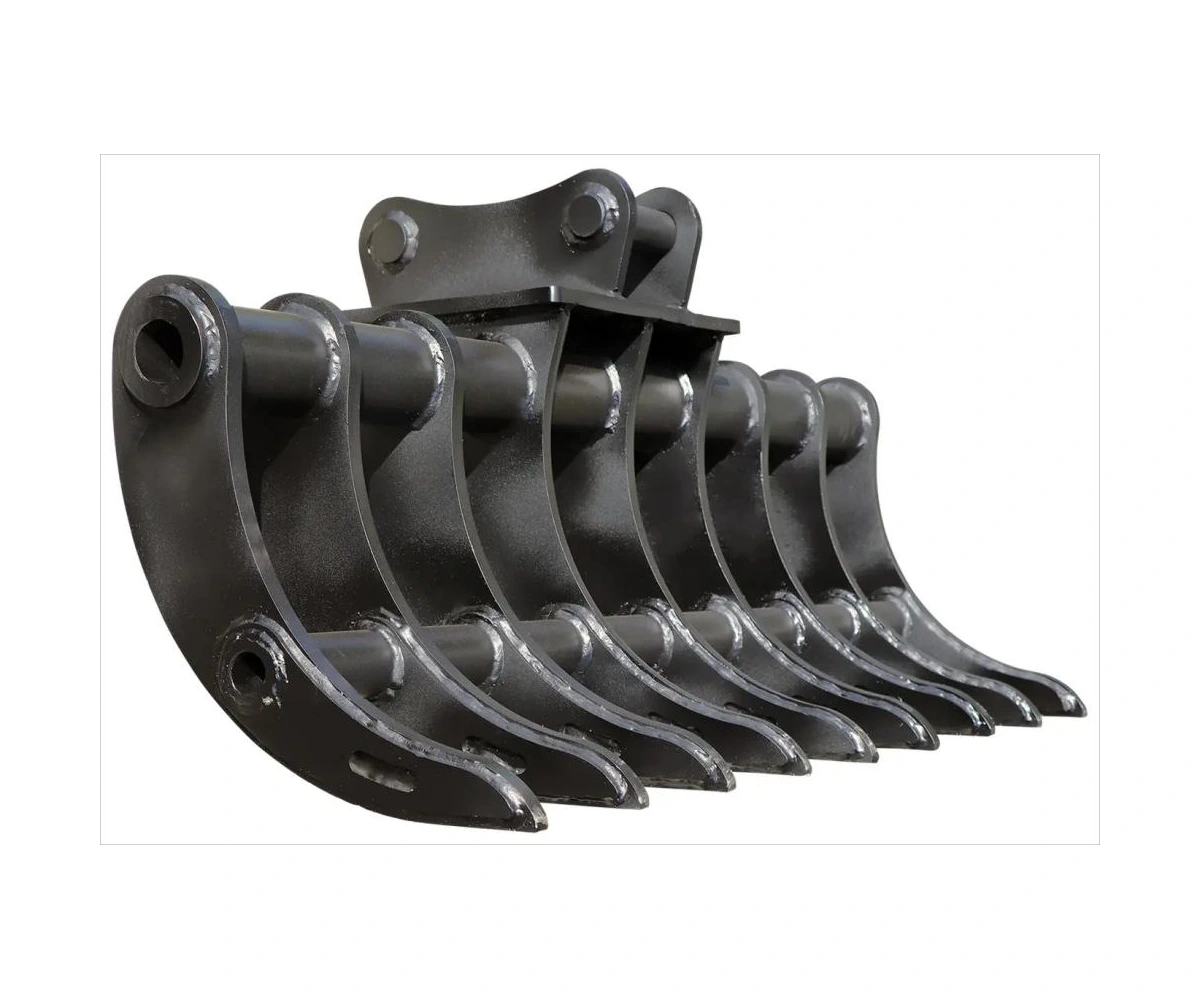Excavator root rake attachment with curved sorting tines