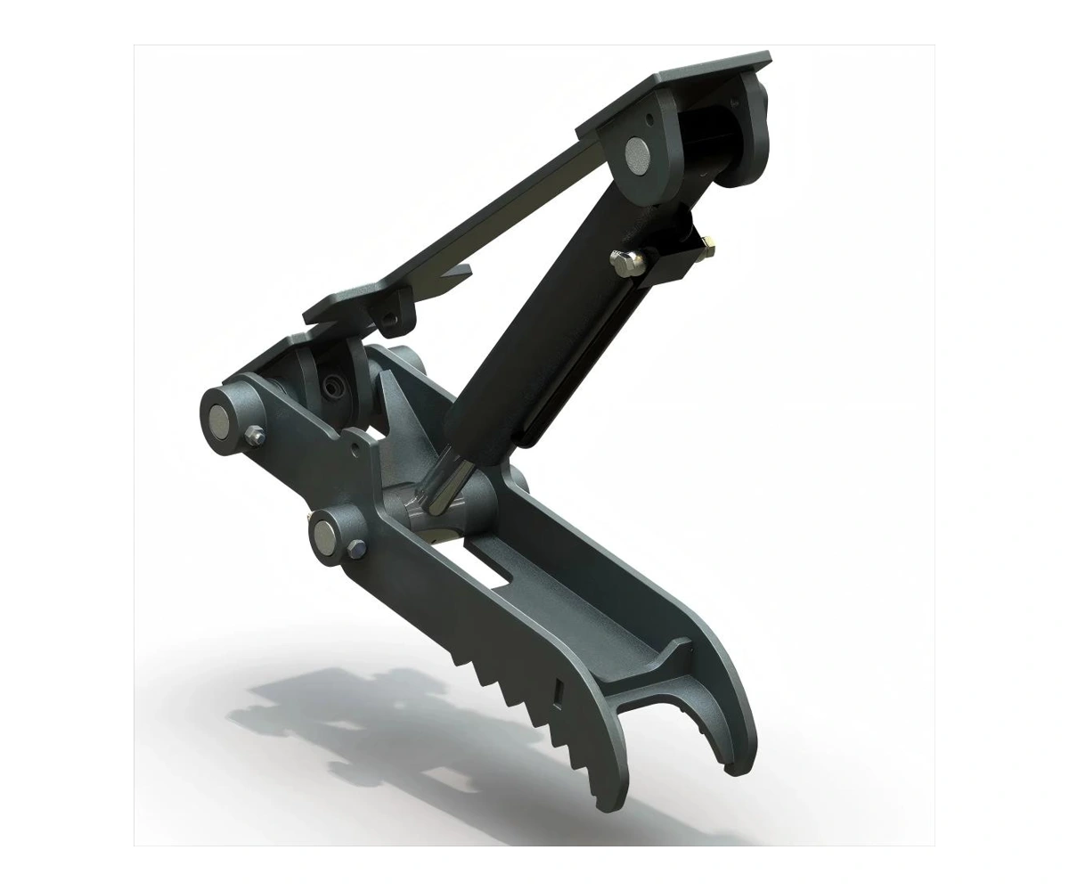 Hydraulic excavator thumb with cylinder and gripping teeth