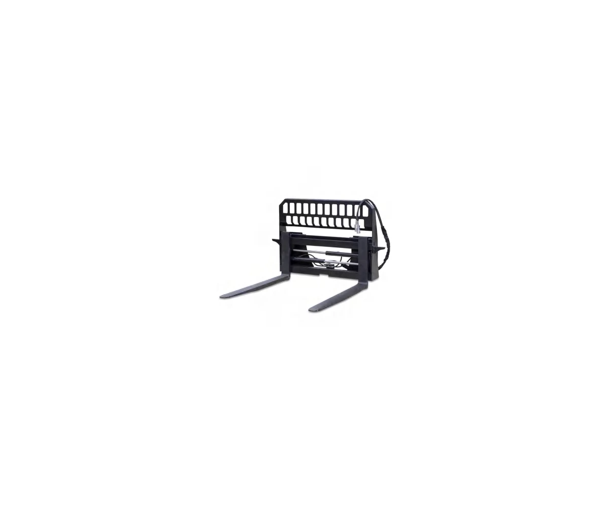 Hydraulic pallet fork frame with adjustable tines and protective guard