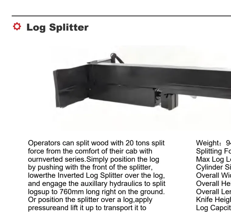 Skid steer log splitter with hydraulic ram and steel wedge