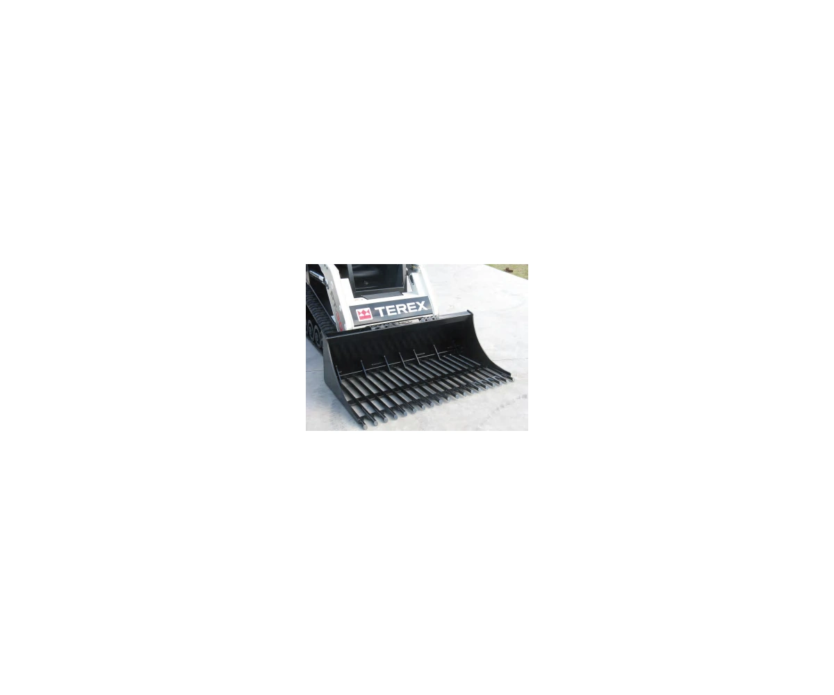 Round bar rake bucket with long spaced steel tines