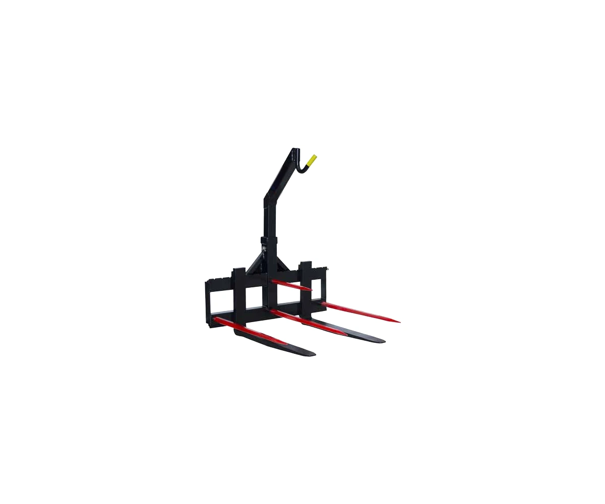 Pallet fork frame with lifting hooks and bale handling fittings