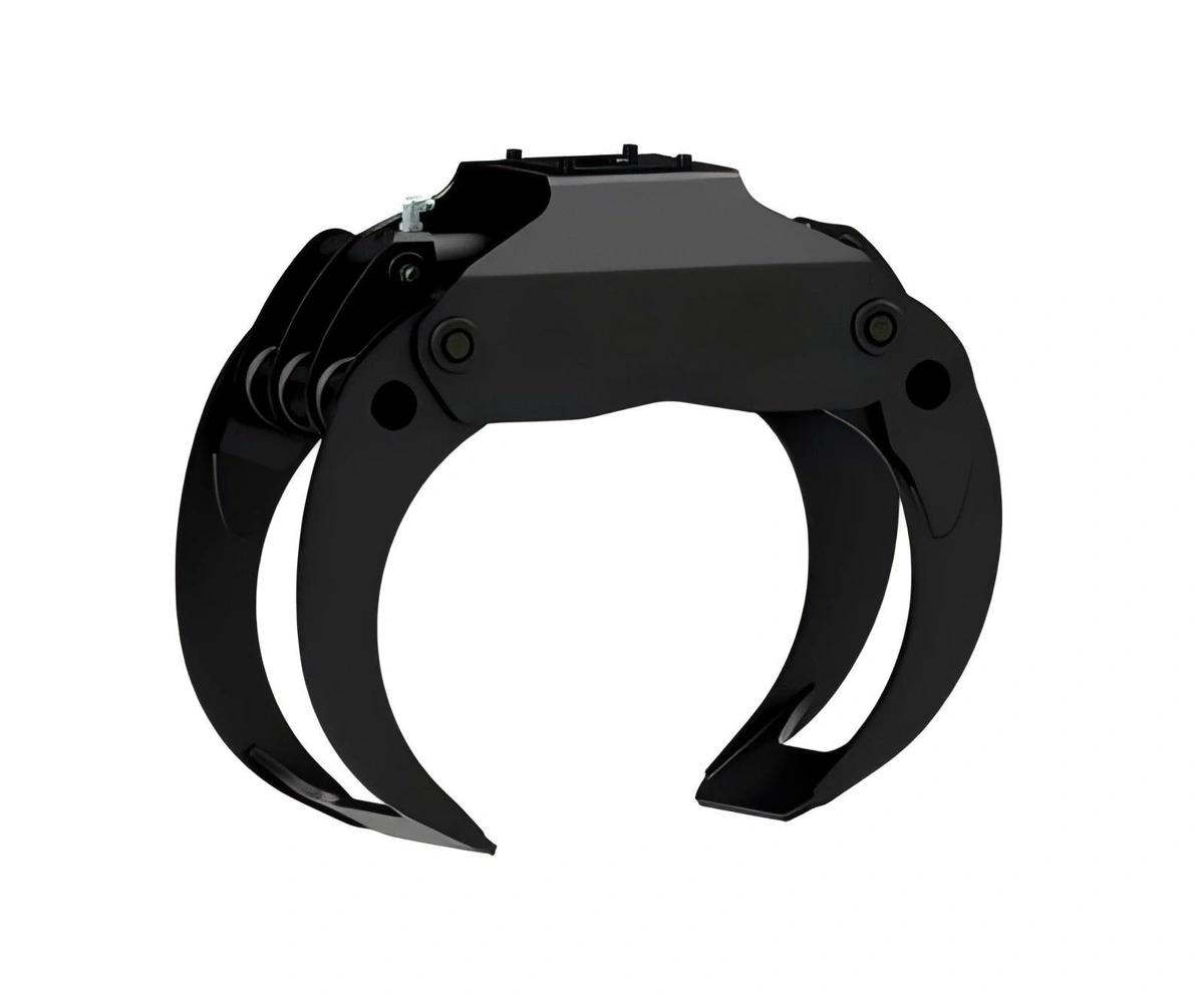 Excavator timber grab with two curved gripping jaws