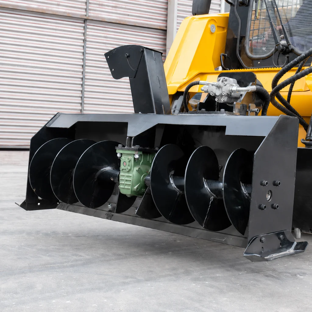Snow blower attachment mounted on a yellow loader